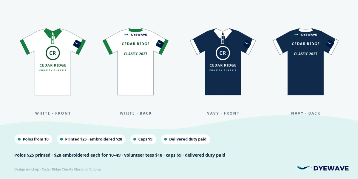 Custom golf outing polos for a fictional charity classic: a white polo and a navy polo with a chest logo, backs with the event name