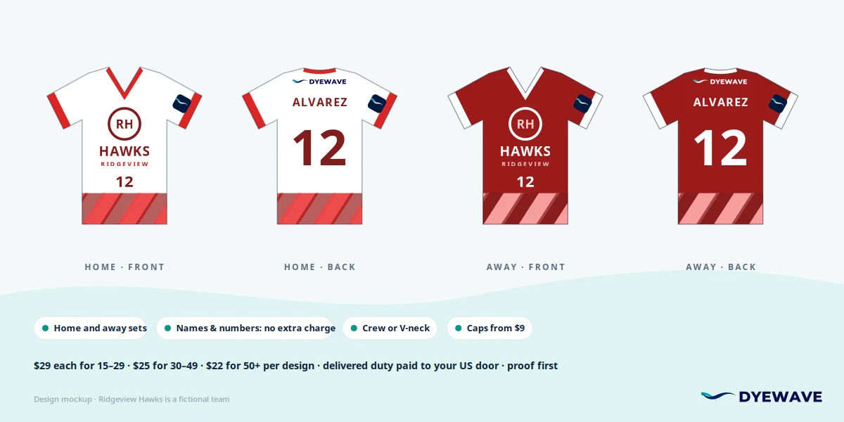 Custom sublimated softball jerseys for a fictional team: white home V-neck with red trim and a red away jersey, back with the name Alvarez and number 12
