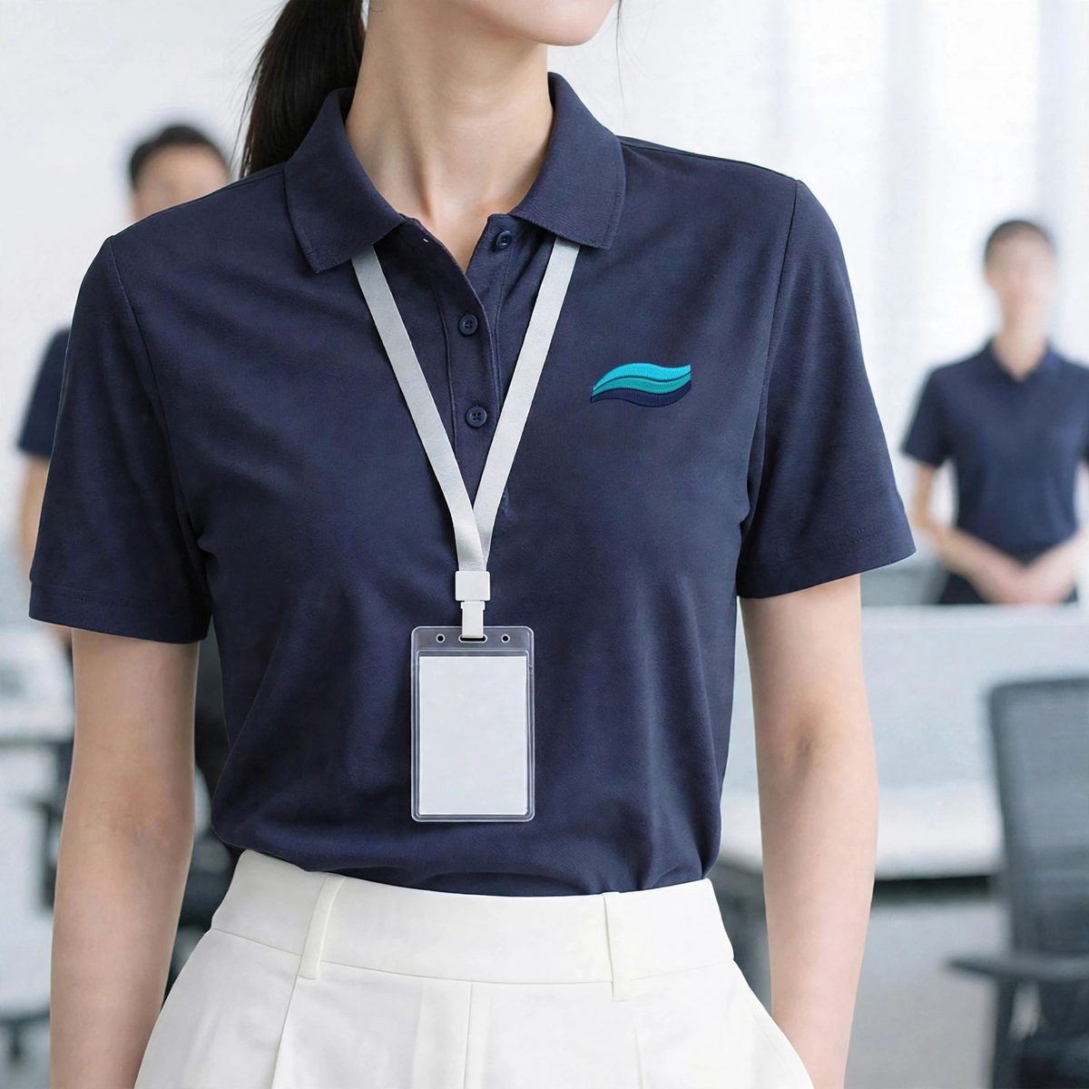 Navy staff polo shirt with an embroidered wave logo on the left chest