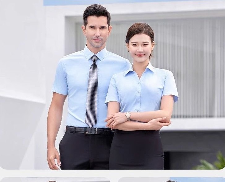 Staff wearing DYEWAVE custom light blue dress shirts with the office uniform set