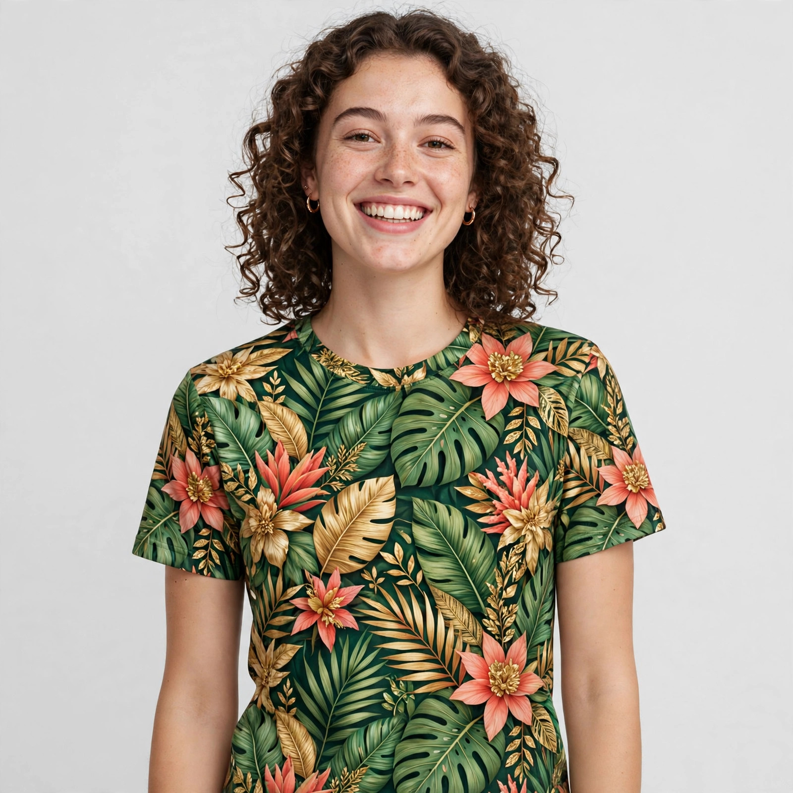 All-over print sublimated T-shirt with a full-garment tropical design, front and sleeves included