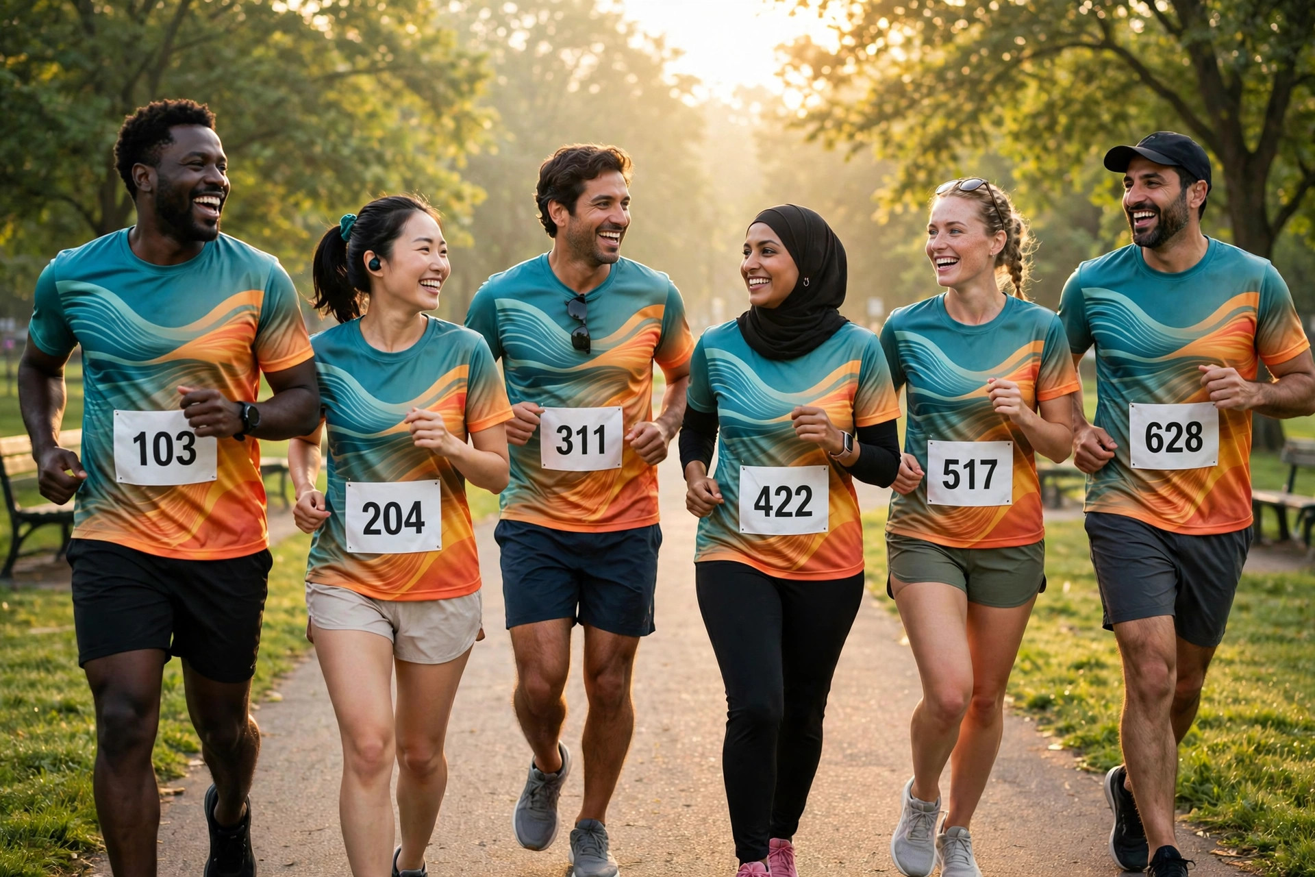 Running club members wearing custom full-color sublimated shirts with individual names and numbers